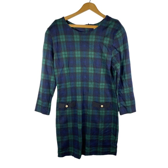 Vintage Black Watch Plaid Dress 90s Sheath Blue Green Tartan Check Sleeves Sz 10 - Picture 1 of 4